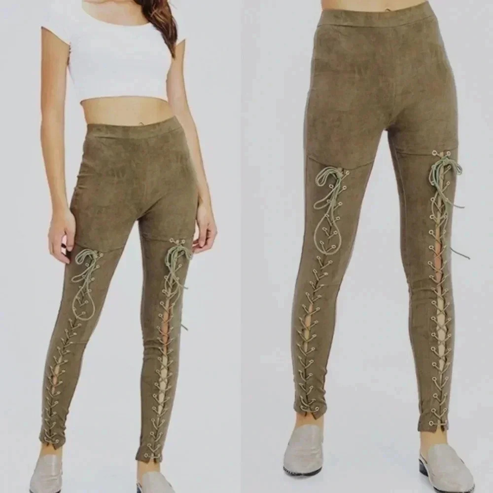 Olive LACE UP SKINNIES - Picture 1 of 2